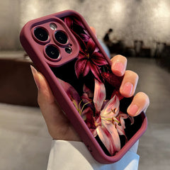 Phone Case: Phone Case - Dark Aesthetic Premium Wine Red Lily Pattern Phone Case with Water Droplets for iPhone 17 Air/16/15/14/13/12/11/Plus/Pro/Pro Max and Galaxy S, A Series.Gift for Friends, Boys, Girls or Family.
