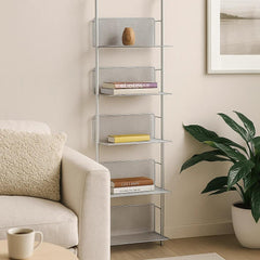 [5-Tier Metal Ladder Bookshelf] 5-Tier Metal Ladder Bookshelf, Wall Mounted Storage Rack, Lacquered Finish, Steel Frame, with Inclined Shelves for Living Room, Home Office, Kitchen, Bedroom, Bathroom, Standing Shelf, Standing Shelf