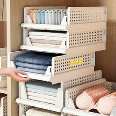 4 Pack Stackable Folding Clothing Storage Basket Drawers Wardrobe Closet Organizer Plastic Clothes Partition Shelf Stackable Hamper Bathroom, Bedroom, Office