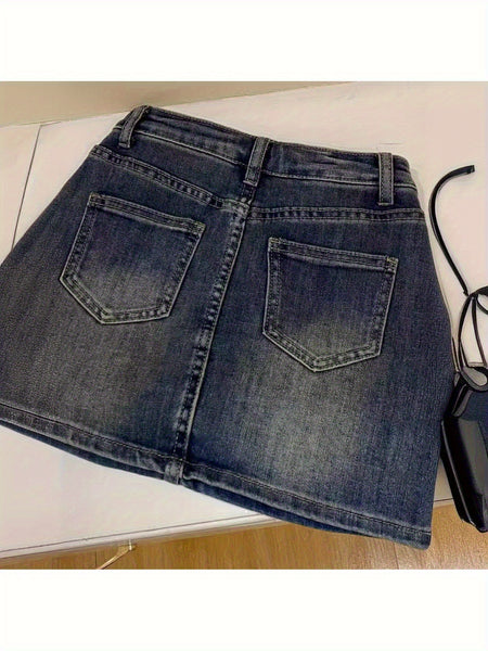 Y2K Vintage High Waist Denim Skirt - Dark Blue Pleated Flared Hem, Machine Washable Summer Casual Outfit, Retro Style Daily Wear for Women