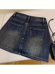 Y2K Vintage High Waist Denim Skirt - Dark Blue Pleated Flared Hem, Machine Washable Summer Casual Outfit, Retro Style Daily Wear for Women