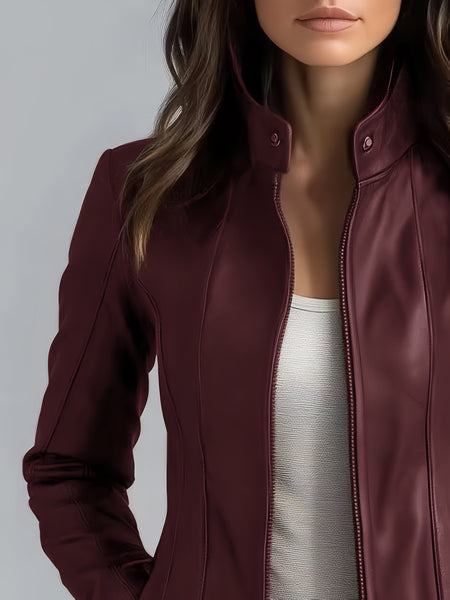 CHIDU Women's Leather Jacket, PU Slim-fit Retro Motorcycle Women's Jacket, Windproof Women's Jacket, Suitable for Spring, Autumn And Winter Jackets, Pockets, Zipper, Turtleneck, Global ALL, Mid-length Casual Women's Jacket