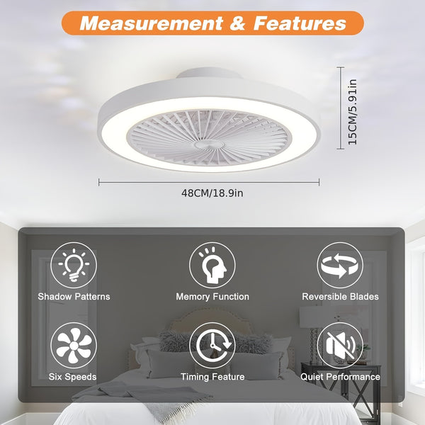 Remote-Controlled Ceiling Fan with Light, 20-Inch Slim Embedded Design, Iron Lampshade, 6-Speed, 4000 Lumens, 48W LED Fan Light, Smart Timer, Adjustable Brightness from 3000K to 6500K, Suitable for Dining Rooms And Living Rooms
