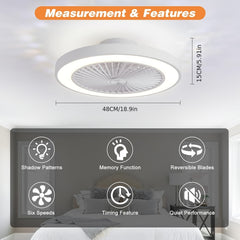 Remote-Controlled Ceiling Fan with Light, 20-Inch Slim Embedded Design, Iron Lampshade, 6-Speed, 4000 Lumens, 48W LED Fan Light, Smart Timer, Adjustable Brightness from 3000K to 6500K, Suitable for Dining Rooms And Living Rooms