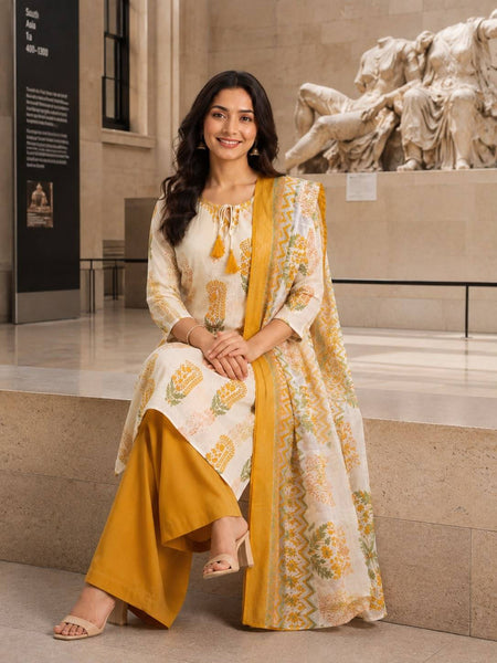 TeamWear* Women'S Cotton Embroidered Printed Kurta with palazzo & Dupatta Set with lace