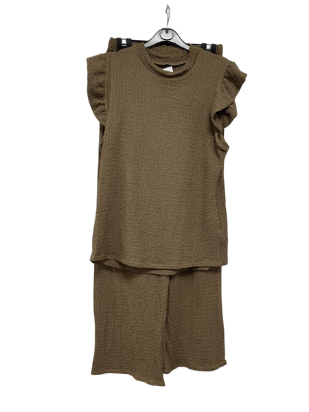 Women'S Textured Cheesecloth Frill Sleeve Top Trouser 2pcs Co Ord Loungewear Set