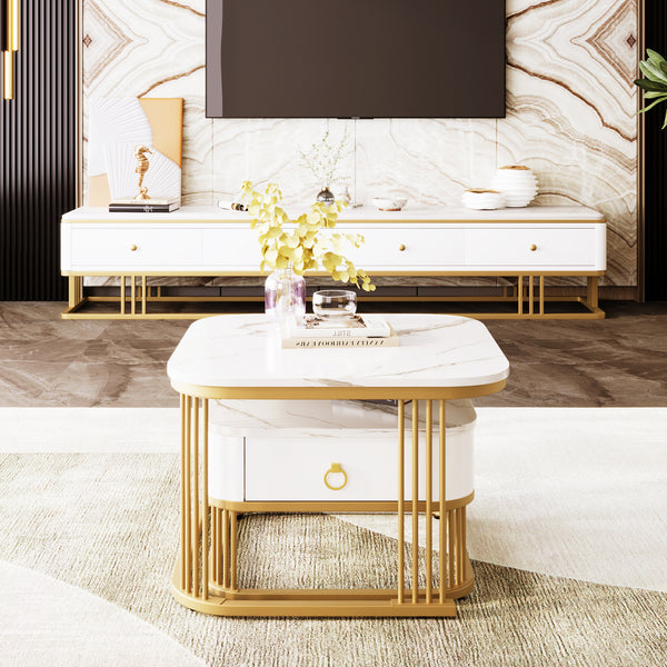 Modern Pedestal Base Space Saving Coffee Table Set of Two, Engineered Wood and Artificial Board Construction, Hardwood, Black Finish, High Gloss Stone Table Top, Metal Golden Accents, with Drawer, Without Electricity, Battery Free.