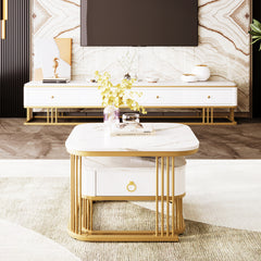 Modern Pedestal Base Space Saving Coffee Table Set of Two, Engineered Wood and Artificial Board Construction, Hardwood, Black Finish, High Gloss Stone Table Top, Metal Golden Accents, with Drawer, Without Electricity, Battery Free.