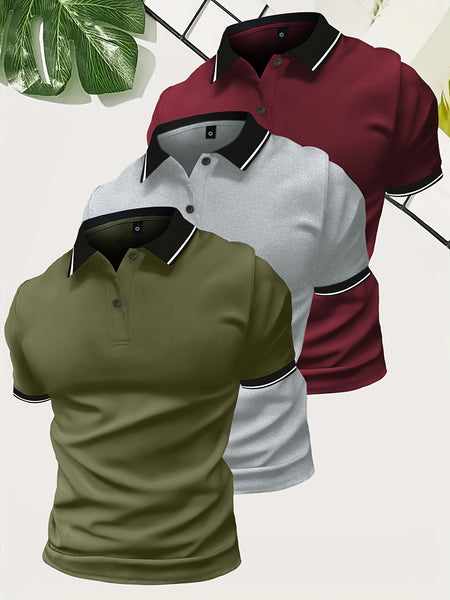 3pcs Set of Summer Collared Men'S Short Sleeve Polo Shirts Solid Color Plain Multicolor Golf Shirts Casual Athletic Wear Men'S Top