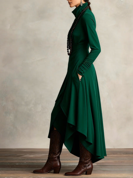 Women'S French-Style A-Line Dress | Slim-Fit Long Sleeve High Neck Midi Skirt, Solid Color Versatile Commuting Dress for Office & Outerwear, Elegant French Long Dress for All-Season Wear, XIUDEEN (Hand Wash/Dry Clean)