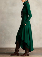 Women'S French-Style A-Line Dress | Slim-Fit Long Sleeve High Neck Midi Skirt, Solid Color Versatile Commuting Dress for Office & Outerwear, Elegant French Long Dress for All-Season Wear, XIUDEEN (Hand Wash/Dry Clean)