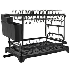 2 Tier Dish Drainer Rack for Kitchen Counter - Space-Saving Dish Rack with Utensil Holder and Cutting Board Holder Large Capacity Drying Rack with Draining Board, Black