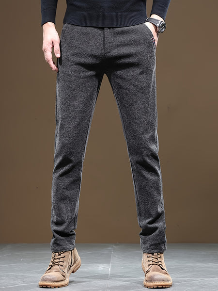Autumn/Winter Men's Warm Casual Pants, Business Casual Slim-Fit Chenille Trousers, Solid Color