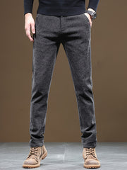 Autumn/Winter Men's Warm Casual Pants, Business Casual Slim-Fit Chenille Trousers, Solid Color