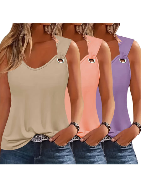Three-Pack Women's Tank Tops Summer Sleeveless Loose Fit Eyelet Neck Solid Color Basic Shirts