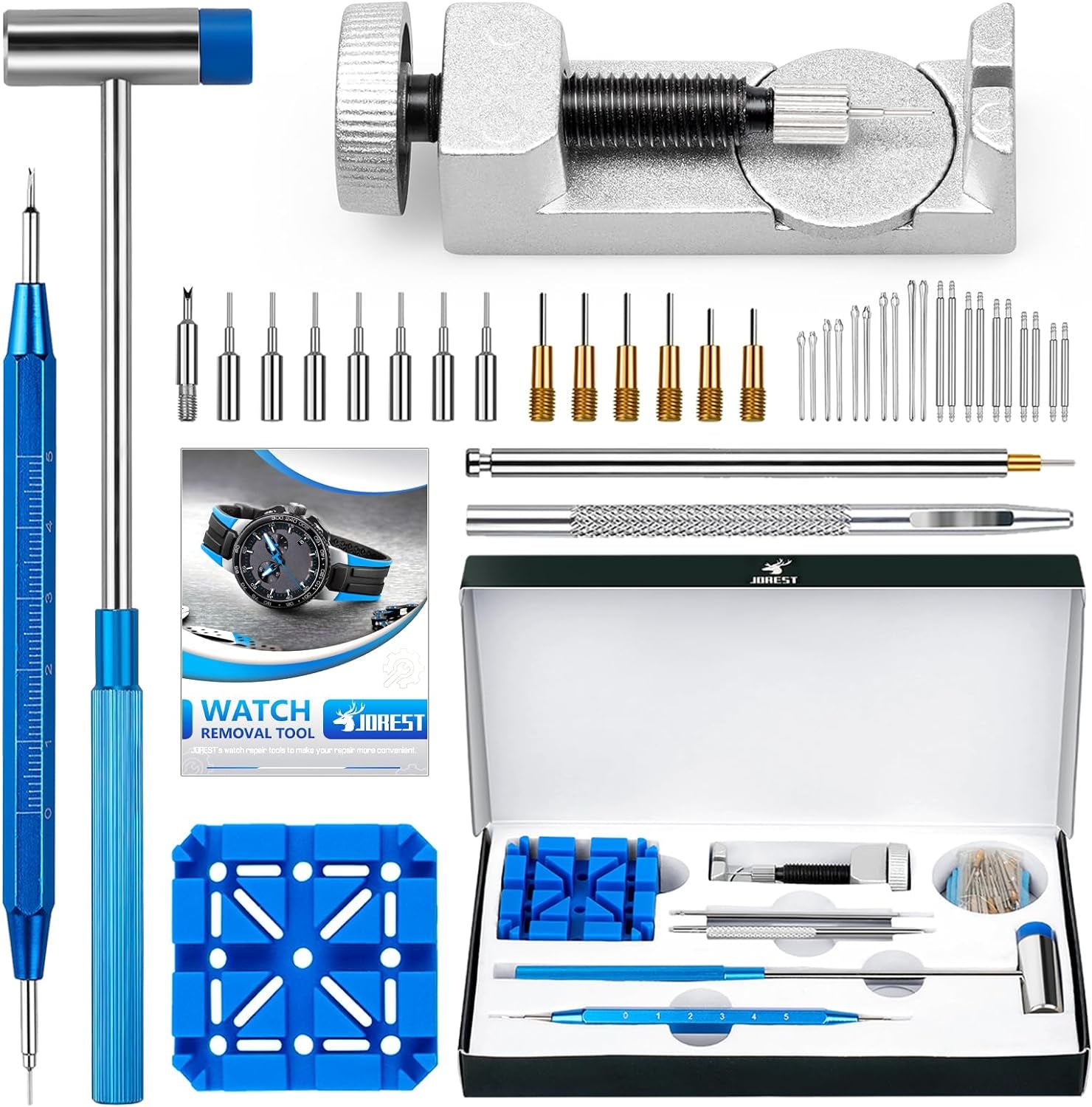 JOREST Watch Link Removal Tool Kit, Watch Band Pin Remover for Watch Repair, Watch Bracelet Adjustment, Watch Strap Replacement and Resizing, with 10 Spring Bars, 10 Pins, User Manual