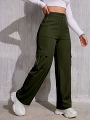 Flap Pocket Solid Color Cargo Pants, Y2K Slant Pocket Button Front Every Day Pants, Women's Clothing