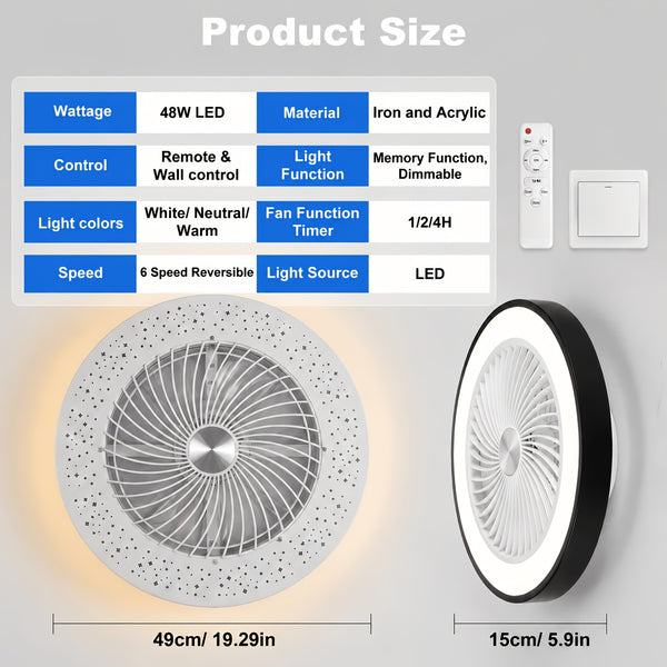 Low Profile Ceiling Fans with Lights, 50.04cm Enclosed Ceiling Fan Flush Mount, 3000K-6000K Smart Bladeless LED Fan Light, White Black Modern Ceiling Fans with Lights for Bedroom Dimmable LED 6 Speeds Reversible Timing