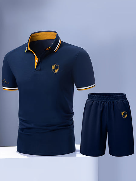 Men'S Polo Shirt Fashion Casual Set Pique Mesh Letter Pattern Top And Bottom