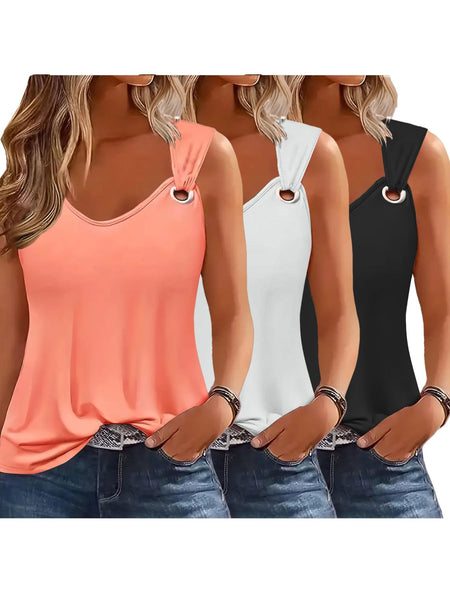 Three-Pack Women's Tank Tops Summer Sleeveless Loose Fit Eyelet Neck Solid Color Basic Shirts