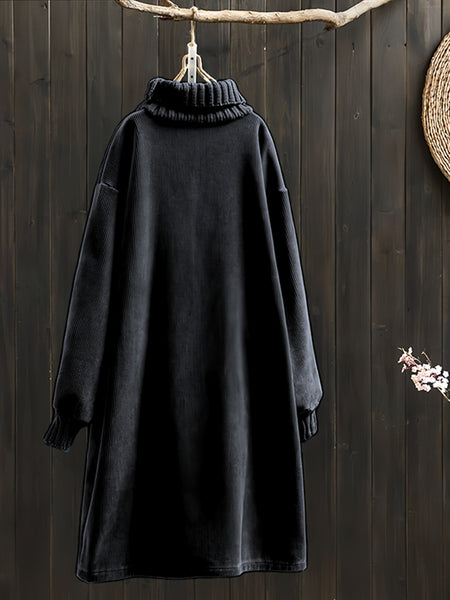 Women'S Elegant Corduroy Dress - Long Sleeve Turtleneck Loose Fit Winter Warm Dress with Pockets, Solid Color (Navy/) - Cozy Fall/Winter