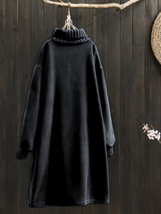 Women'S Elegant Corduroy Dress - Long Sleeve Turtleneck Loose Fit Winter Warm Dress with Pockets, Solid Color (Navy/) - Cozy Fall/Winter