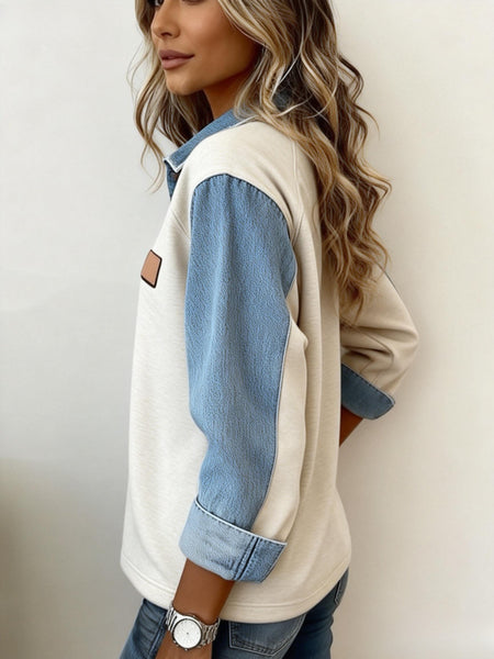 Women'S Colour-Block Denim Collar Top Loose-fit Long-sleeved Half-buttoned Drop-shoulder Top Retro-style Label Embellished Casual Knitwear Ideal for Everyday Outings, Light Commuting, Relaxed Dates, and Vintage-inspired Leisure Looks