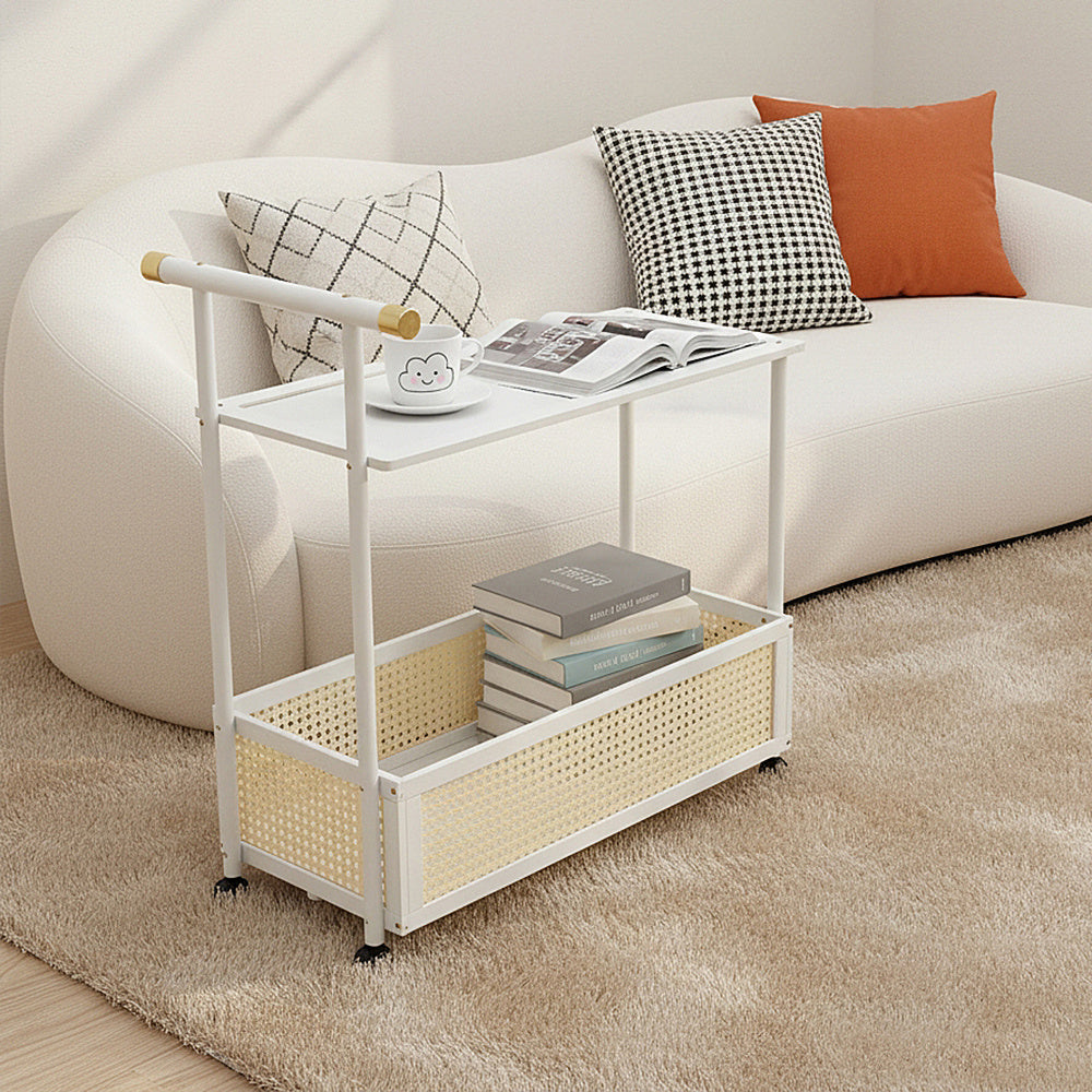 1PC Multifunctional Living Room Side Table with Wheels, Mobile Coffee Table Featuring Storage Basket and Shelves, Modern Storage Rack, Suitable for Living Rooms, Bedrooms, and Offices