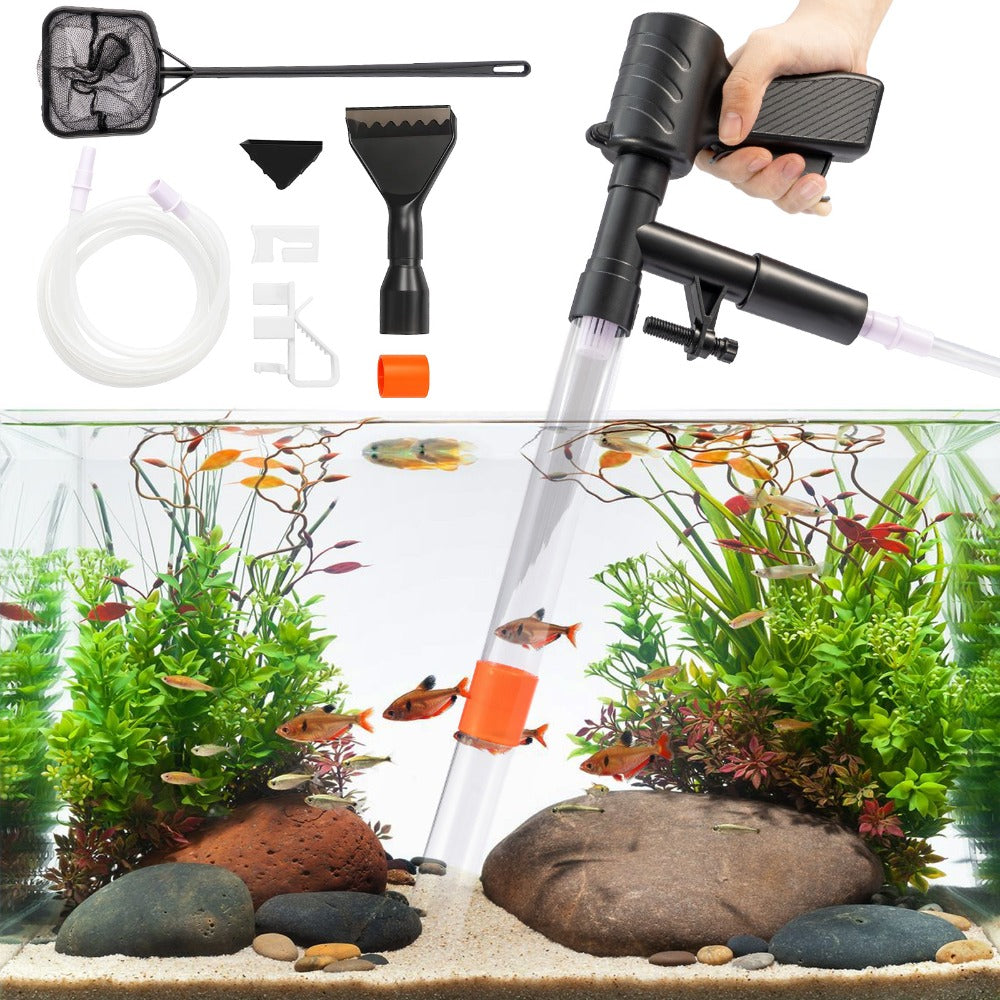Fish tank bottom sand cleaner, manual aquarium vacuum siphon kit, quick water change without plug in, equipped with anti escape net, sand washing and water changing tool