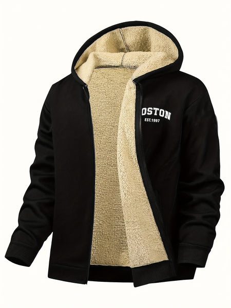 Men's Casual Zip-Up Hooded Jacket with Letter Print, Black & Beige Contrast, Regular Fit, Machine Washable, Front Pockets for Outdoor & Casual Attire