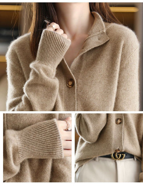 2026 New Retro Women'S 100% Cashmere Solid Color Stand Collar Cardigan, Casual Loose Fit Outerwear for Office Commute & Business Casual Outfit