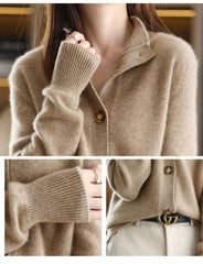 2026 New Retro Women'S 100% Cashmere Solid Color Stand Collar Cardigan, Casual Loose Fit Outerwear for Office Commute & Business Casual Outfit