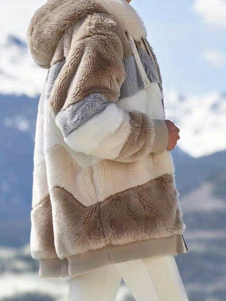 Women's 2025 Autumn Winter Warm Patchwork Hooded Coat - Zip Pockets Loose Fit Oversized Casual Outerwear