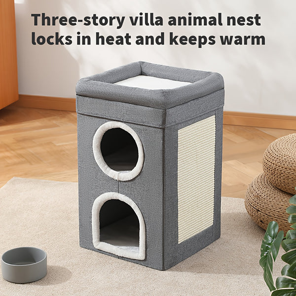 Large 3-in-1 Cat House Cat Cave Cats Foldable Cat Bed - Cozy, Washable & Easy-to-Clean, All-Season Enclosed Pet Nest with Scratching Board, Polyester, Gray with Fluffy Interior for Comfortable Cat Living, Kitten Bed, for Cats Small Dogs41 * 41 * 64cm