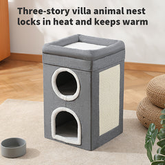 Large 3-in-1 Cat House Cat Cave Cats Foldable Cat Bed - Cozy, Washable & Easy-to-Clean, All-Season Enclosed Pet Nest with Scratching Board, Polyester, Gray with Fluffy Interior for Comfortable Cat Living, Kitten Bed, for Cats Small Dogs41 * 41 * 64cm