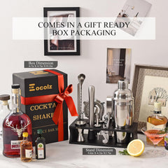 Cocktail Making Set, Cocktail Shaker Set 750Ml Stainless Steel Bar Tool Set Bartender Kit with Bamboo Display Stand for Home & Bar (Black Silver - 17PCS)