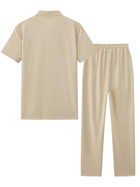 Men's Waffle Casual Suit Top Short Sleeve Turnover Collar Shirt Bottom Leisure Pants Comfortable and Clean Suitable for Spring and Summer Wear
