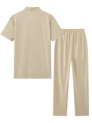 Men's Waffle Casual Suit Top Short Sleeve Turnover Collar Shirt Bottom Leisure Pants Comfortable and Clean Suitable for Spring and Summer Wear