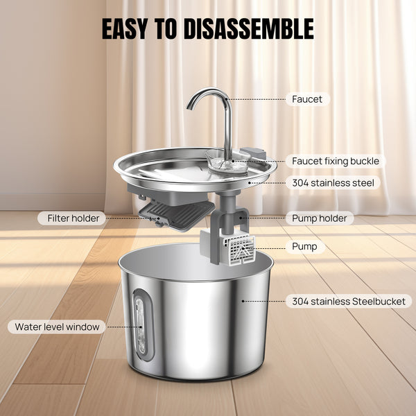 2.2L Cat Water Fountain for Drinking, Quiet Pet Water Dispenser Stainless Steel, Automatic Cat Water Bowl Cat Fountain with LED Light and Water Level Window, Cat Drinking Fountain with 2pcs Filters and Sponges
