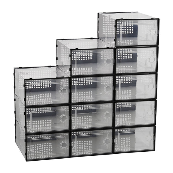 Pack of 12 Stackable Shoe Boxes Shoe Storage Organisers, Sturdy & Durable, Space Saving, Shoe Organizer Containers with Lids for Women/Men, Ideal for Entryway, Closet, Living Room, Bedroom, Office, Dorm, Fit Up To UK Size 9.5, 23x33x14cm