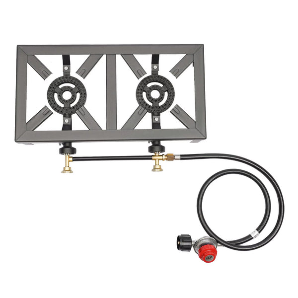 Portable Double Burner Outdoor Gas Stove Propane Cooker with Adjustable 0-10Psi Regulator Hose for Patio Camping, BBQ, Home