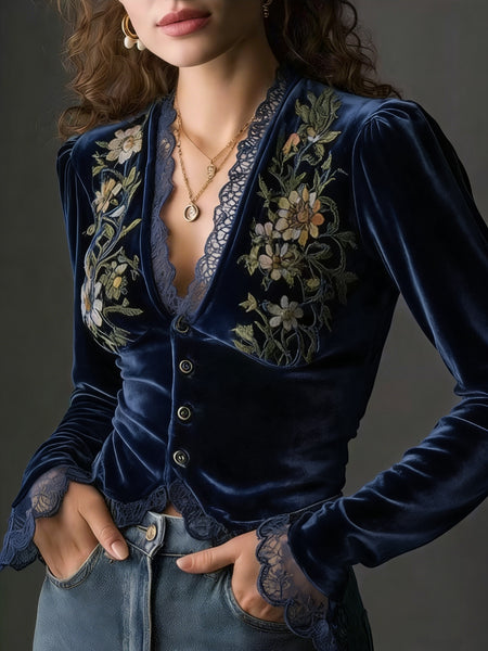 Directed Women'S Fashion New Elegant Floral Velvet Shirt Top, Long Sleeves, Lace Stitching, Slim Fit, Solid Color [Gavin]