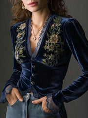 Directed Women'S Fashion New Elegant Floral Velvet Shirt Top, Long Sleeves, Lace Stitching, Slim Fit, Solid Color [Gavin]