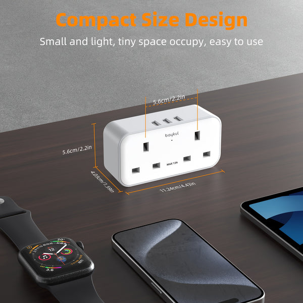UK to EU Travel Adapter with 3 USB Ports & 2 AC Outlets - 3250W Power Max, 2-Pin Sockets for Germany, France, Spain, Greece, Netherlands, Poland, Portugal - White/Black