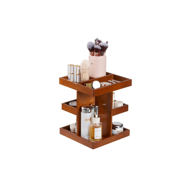Wood Makeup Storage Box - 360-Degree Rotating Display Stand for Lipsticks, Skincare & Jewelry, Multi-Layer Organizer 22.5 * 22.5 * 27.5cm