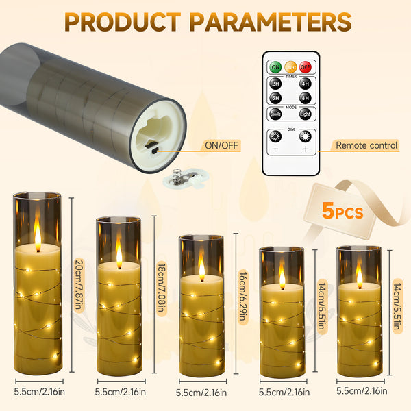 5-Pack LED Flameless Candles with Remote, Battery Operated Flickering Flame Effect Candles with Timer and Embedded String Lights, Realistic Glass Electric Candles for Home Decor