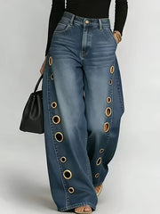 New Retro Style Denim Jeans for Women, with Metal Eyelets Designed for Casual And Loose Fit, High Waisted And Wide Leg Jeans, Street Cool Women'S Clothing, Black Retro Blue Light Blue Women'S Straight Leg Denim Pants