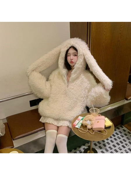Imitation coat Women's cardigan 2025 autumn and winter new cute rabbit ears loose thickened furry sweater