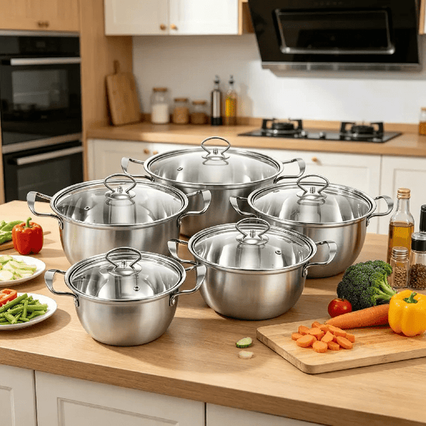 kitchen 5pcs Stainless Steel Pot Professional Induction-Safe Pot with Glass Lid Not-Sticky Hot Pot Double Ear Soup Pot