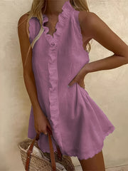 Women's Solid Mini Dress with Embroidery & Ruffle Trim
